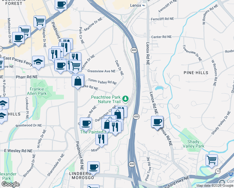 map of restaurants, bars, coffee shops, grocery stores, and more near 2940 Dale Drive Northeast in Atlanta
