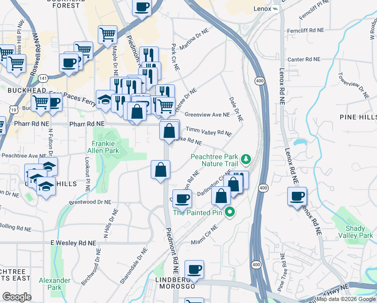 map of restaurants, bars, coffee shops, grocery stores, and more near 2878 Elliott Circle Northeast in Atlanta