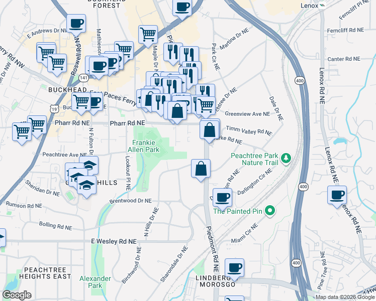 map of restaurants, bars, coffee shops, grocery stores, and more near 2960 Piedmont Road Northeast in Atlanta