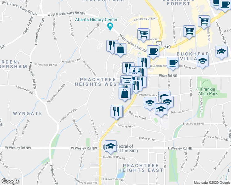 map of restaurants, bars, coffee shops, grocery stores, and more near 2920 Pharr Court South Northwest in Atlanta