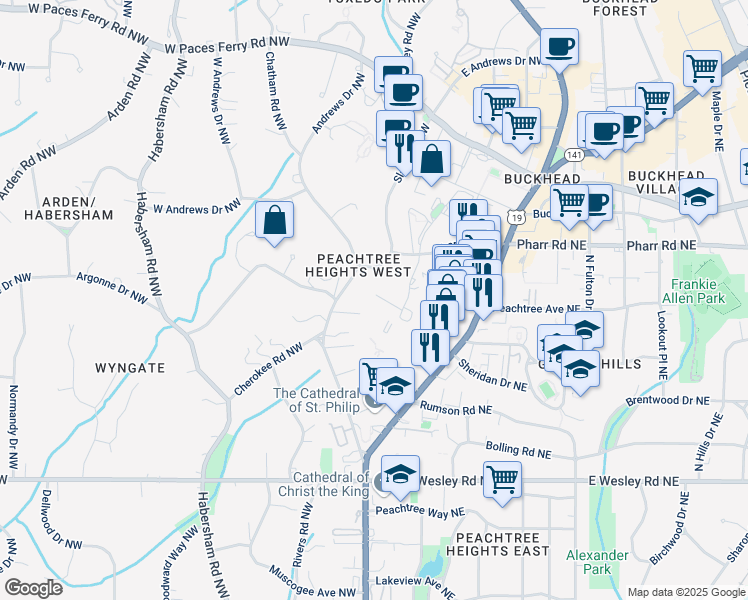 map of restaurants, bars, coffee shops, grocery stores, and more near 2900 Pharr Court South Northwest in Atlanta
