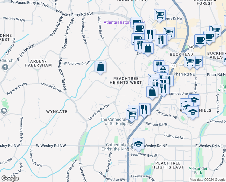 map of restaurants, bars, coffee shops, grocery stores, and more near 3089 Habersham Way Northwest in Atlanta