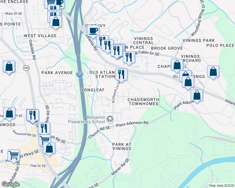 map of restaurants, bars, coffee shops, grocery stores, and more near 4805 Payson Place in Smyrna