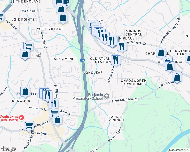 map of restaurants, bars, coffee shops, grocery stores, and more near 4910 Longcourt Trace in Atlanta