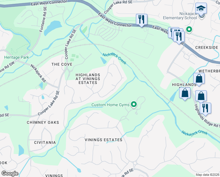map of restaurants, bars, coffee shops, grocery stores, and more near 776 Vinings Estates Drive Southeast in Mableton