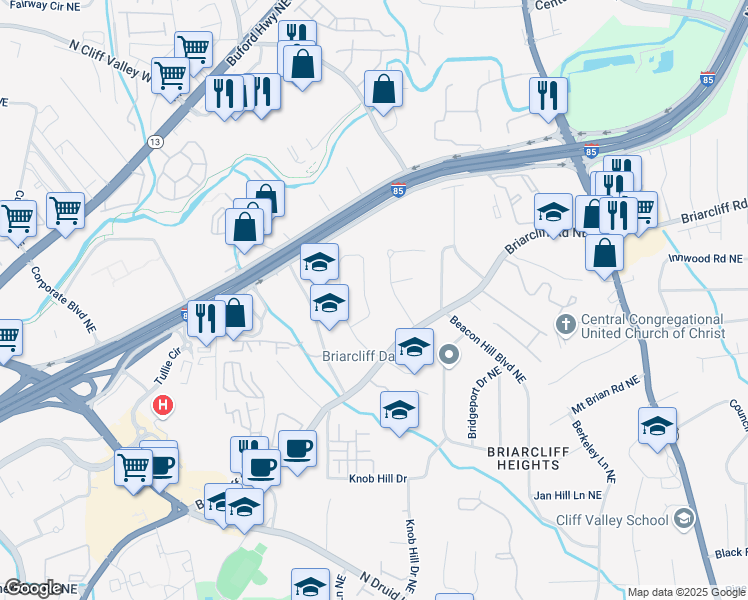 map of restaurants, bars, coffee shops, grocery stores, and more near 1954 Timothy Drive Northeast in Atlanta