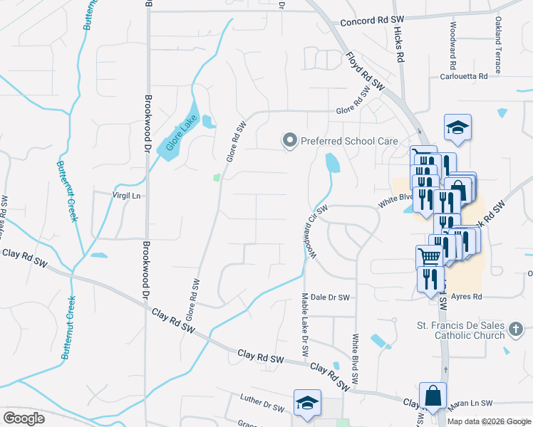 map of restaurants, bars, coffee shops, grocery stores, and more near 1185 Crestbrook Lane Southwest in Mableton