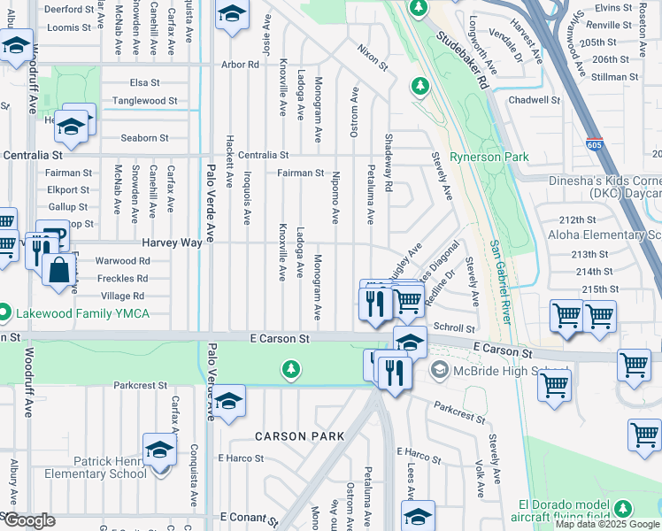 map of restaurants, bars, coffee shops, grocery stores, and more near 4248 Monogram Avenue in Lakewood