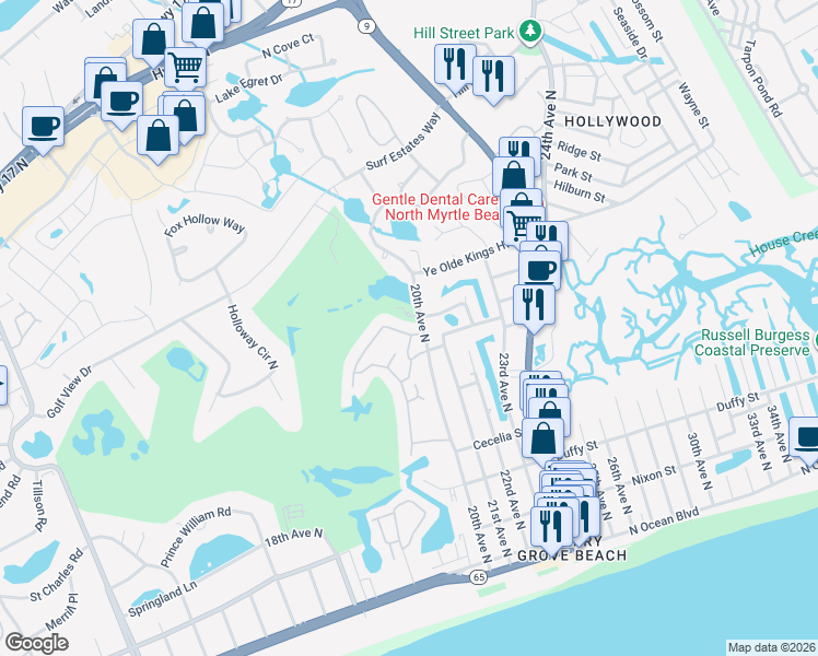 map of restaurants, bars, coffee shops, grocery stores, and more near 805 20th Avenue North in North Myrtle Beach