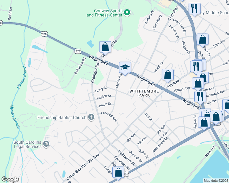 map of restaurants, bars, coffee shops, grocery stores, and more near 1900 Maple Avenue in Conway