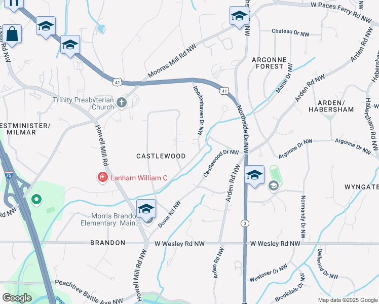 map of restaurants, bars, coffee shops, grocery stores, and more near 2858 Mornington Drive Northwest in Atlanta