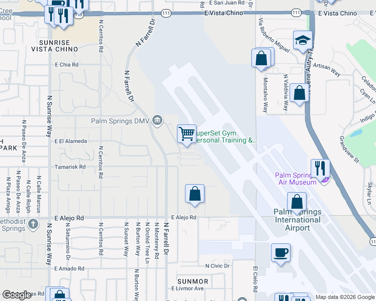 map of restaurants, bars, coffee shops, grocery stores, and more near 870 East Research Drive in Palm Springs
