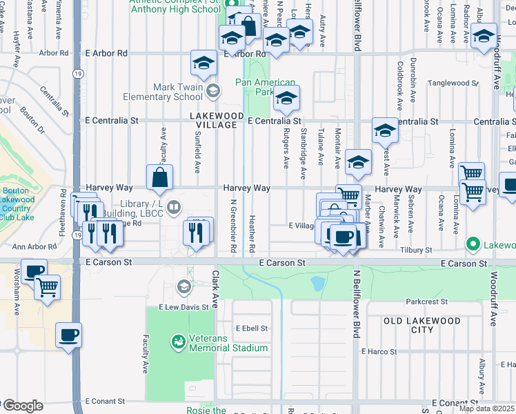map of restaurants, bars, coffee shops, grocery stores, and more near 4243 Charlemagne Avenue in Long Beach
