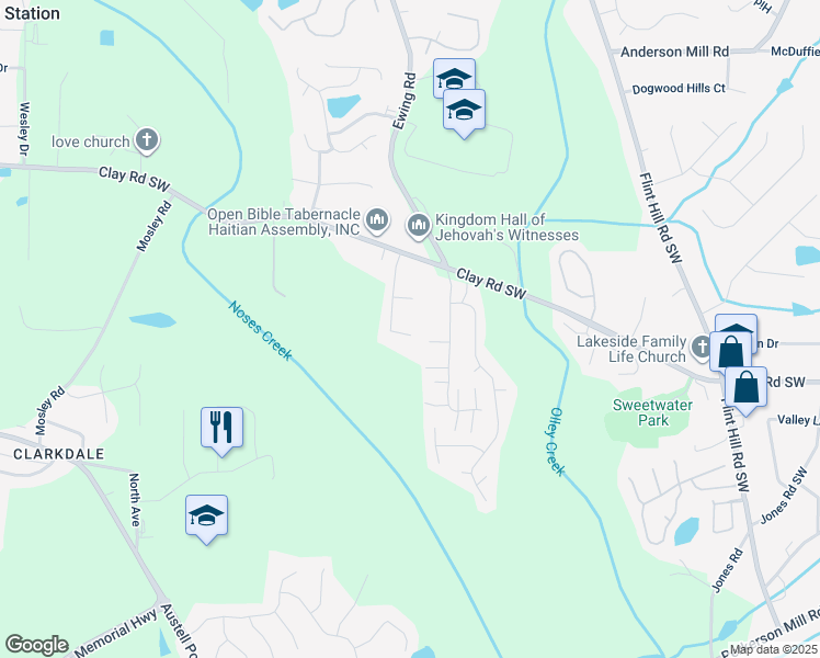 map of restaurants, bars, coffee shops, grocery stores, and more near 3415 Cypress Club Trail in Austell