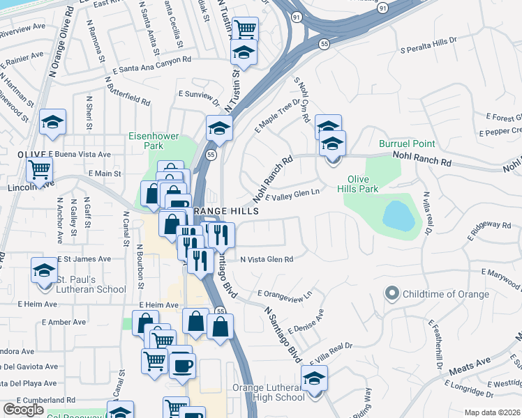 map of restaurants, bars, coffee shops, grocery stores, and more near 2092 Nohl Ranch Road in Orange
