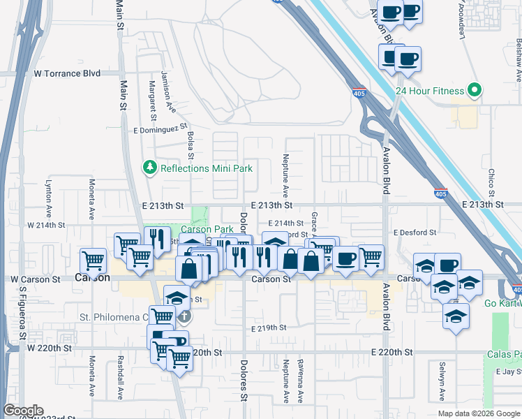 map of restaurants, bars, coffee shops, grocery stores, and more near 328 East 213th Street in Carson