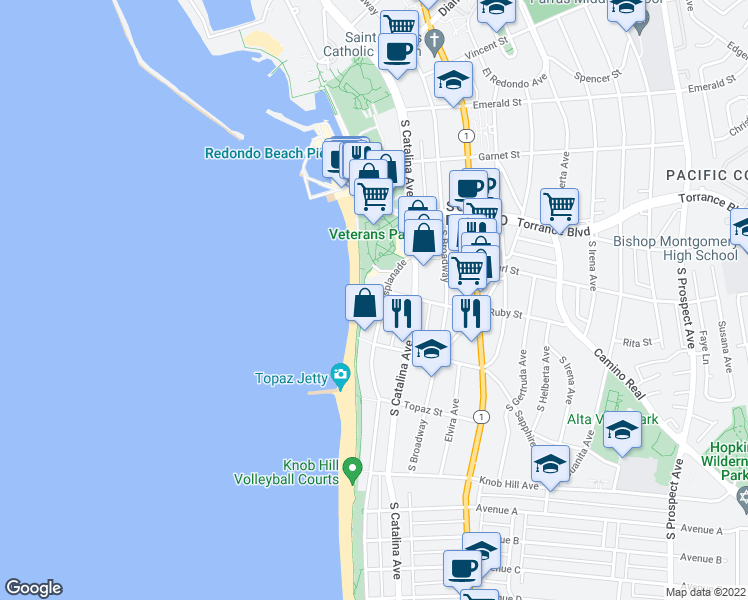 map of restaurants, bars, coffee shops, grocery stores, and more near 531 Esplanade in Redondo Beach