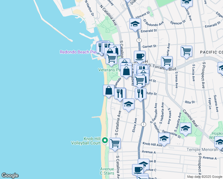 map of restaurants, bars, coffee shops, grocery stores, and more near in Redondo Beach