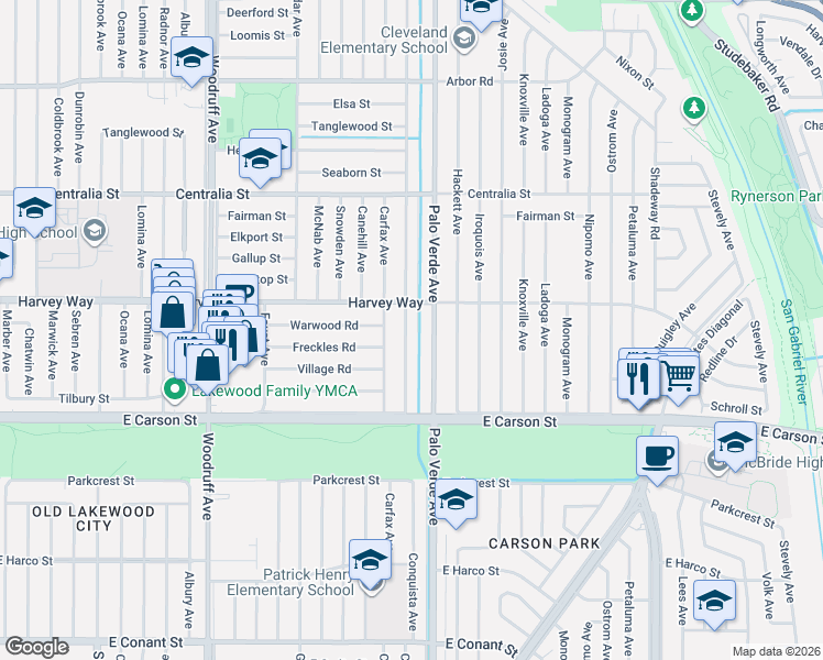 map of restaurants, bars, coffee shops, grocery stores, and more near 4248 Conquista Avenue in Lakewood