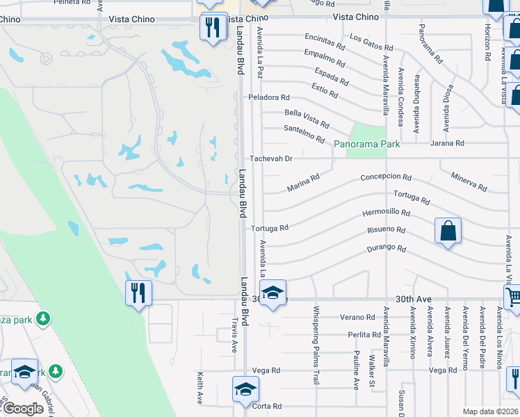 map of restaurants, bars, coffee shops, grocery stores, and more near 29395 Avenida La Paz in Cathedral City