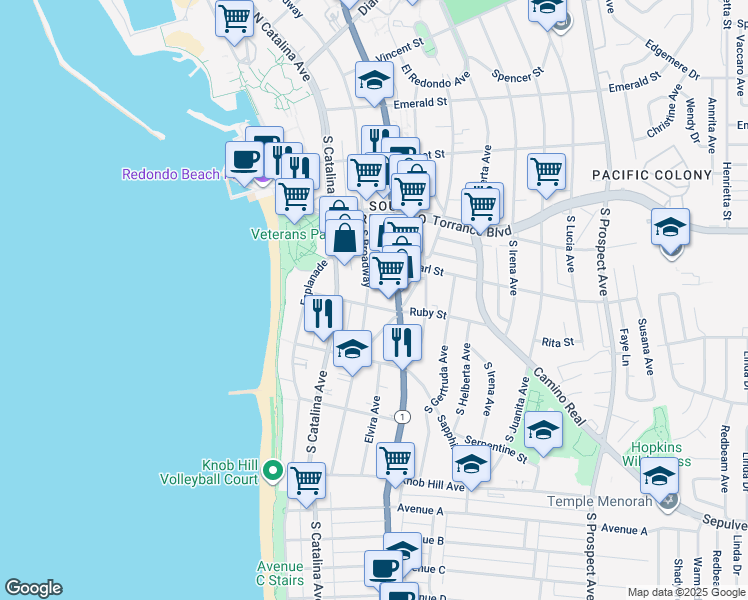 map of restaurants, bars, coffee shops, grocery stores, and more near 426 South Broadway in Redondo Beach