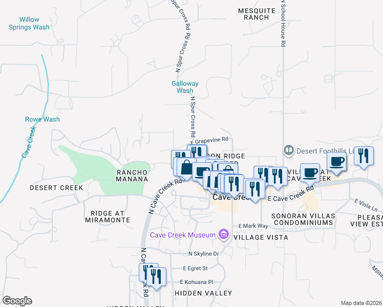 map of restaurants, bars, coffee shops, grocery stores, and more near 6018 East Knolls Way in Cave Creek