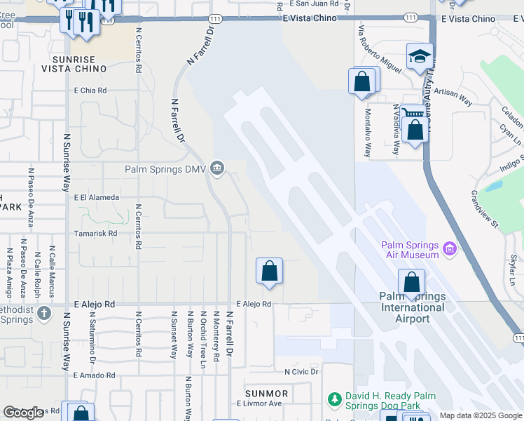 map of restaurants, bars, coffee shops, grocery stores, and more near 870 East Research Drive in Palm Springs