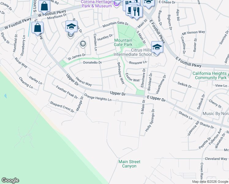 map of restaurants, bars, coffee shops, grocery stores, and more near 3585 Ambrose Circle in Corona