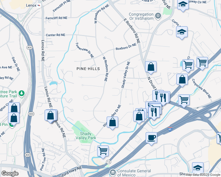 map of restaurants, bars, coffee shops, grocery stores, and more near 1077 Shady Valley Place in Atlanta
