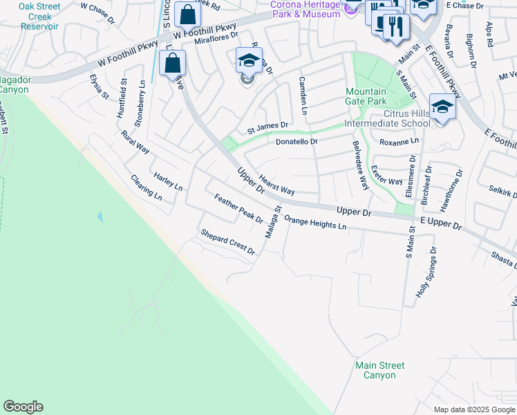 map of restaurants, bars, coffee shops, grocery stores, and more near 842 West Orange Height Lane in Corona