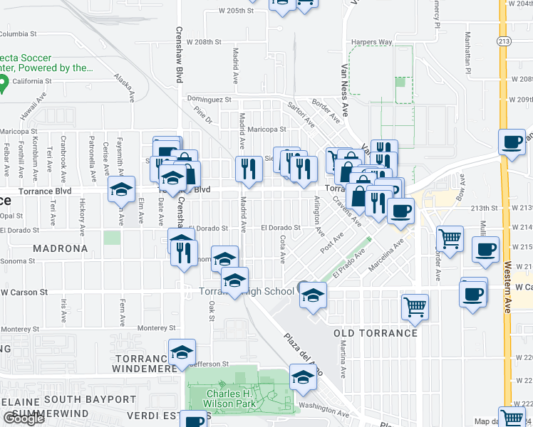 map of restaurants, bars, coffee shops, grocery stores, and more near 1308 Amapola Avenue in Torrance
