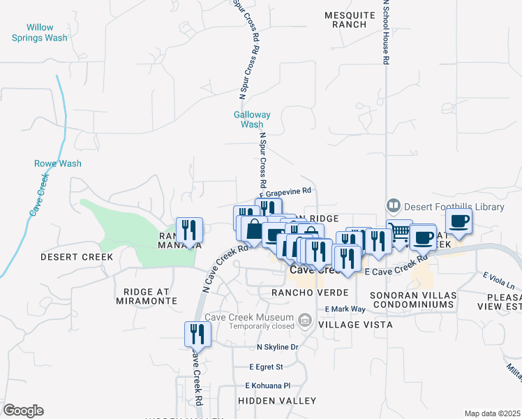 map of restaurants, bars, coffee shops, grocery stores, and more near 6018 East Knolls Way in Cave Creek