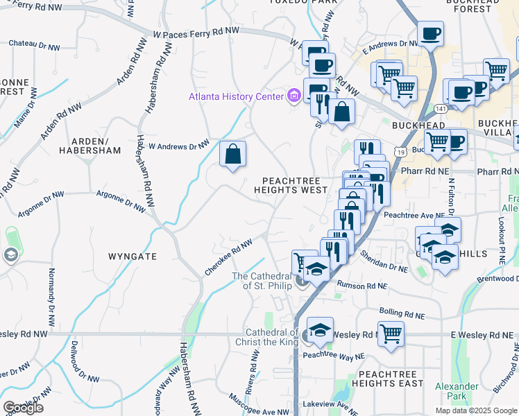 map of restaurants, bars, coffee shops, grocery stores, and more near 2922 Andrews Drive Northwest in Atlanta