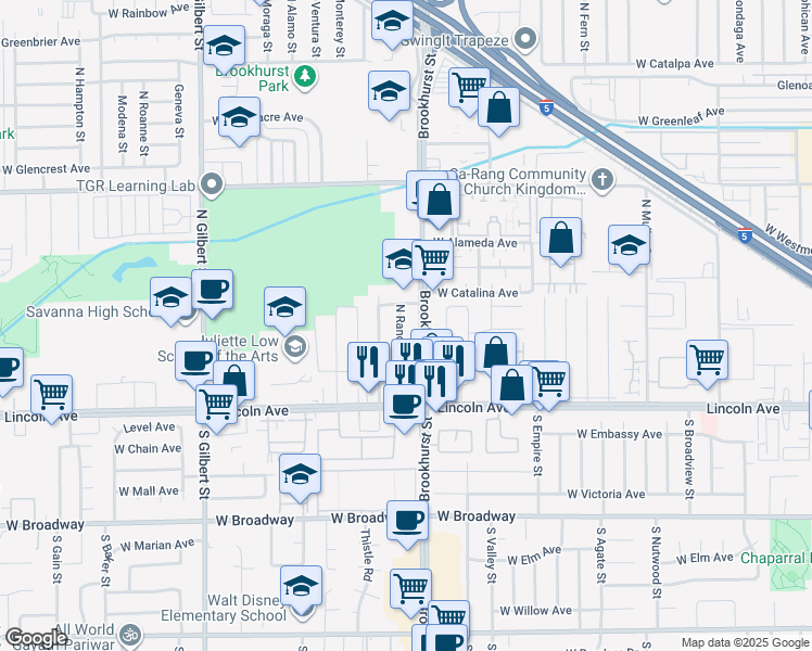 map of restaurants, bars, coffee shops, grocery stores, and more near 300 North Ranchito Street in Anaheim