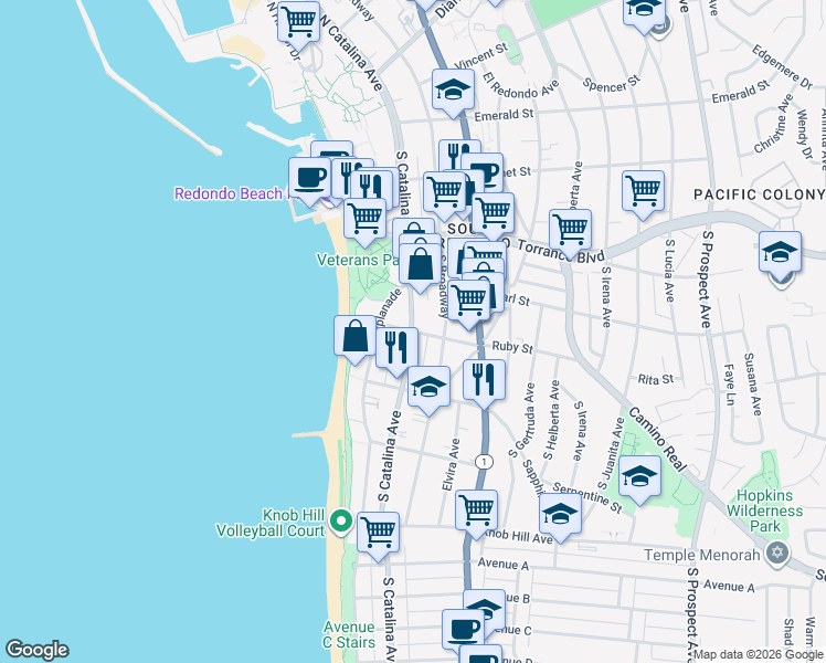 map of restaurants, bars, coffee shops, grocery stores, and more near S Catalina Ave & Ruby St in Redondo Beach