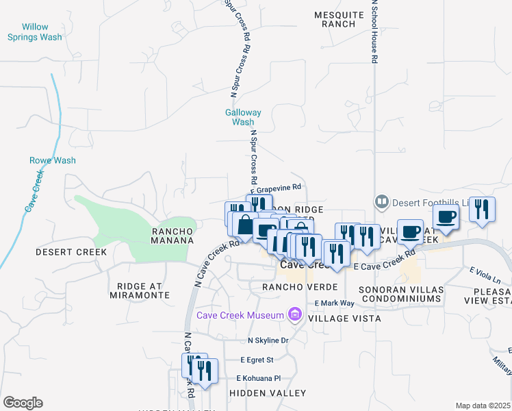 map of restaurants, bars, coffee shops, grocery stores, and more near 6034 East Knolls Way in Cave Creek