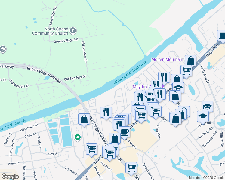 map of restaurants, bars, coffee shops, grocery stores, and more near 214F Landing Road in North Myrtle Beach