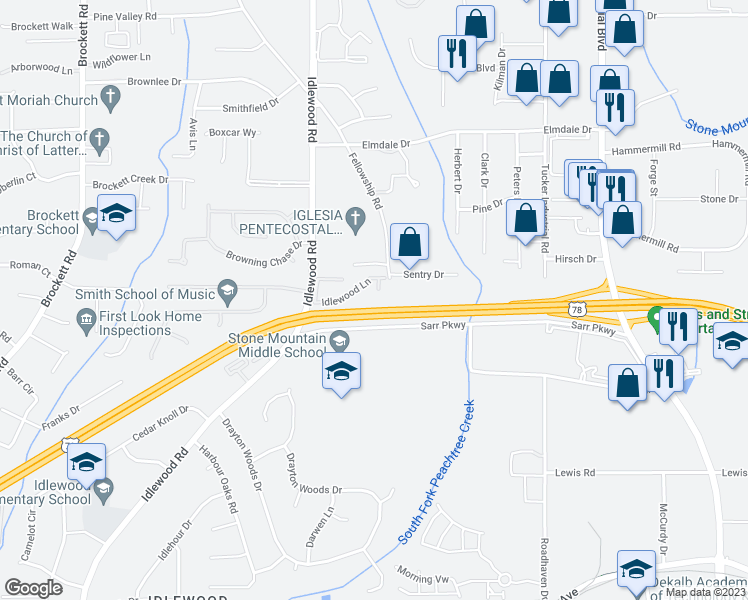 map of restaurants, bars, coffee shops, grocery stores, and more near 4411 Idlewood Lane in Tucker