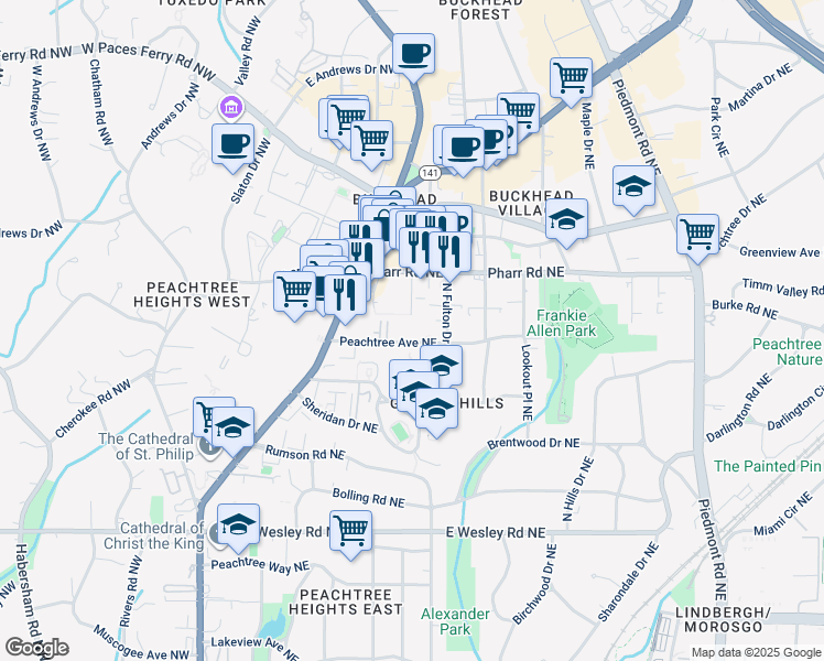 map of restaurants, bars, coffee shops, grocery stores, and more near 32 Peachtree Avenue Northeast in Atlanta