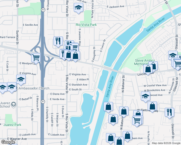 map of restaurants, bars, coffee shops, grocery stores, and more near 532 South Westgate Drive in Anaheim