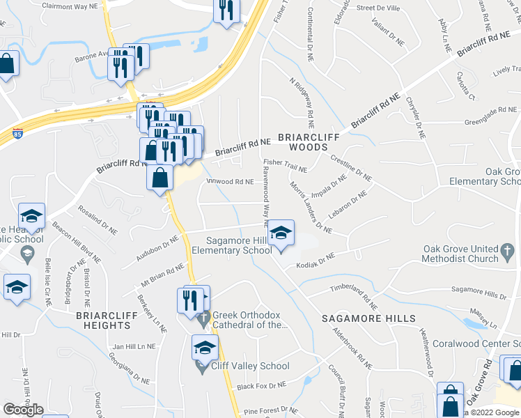 map of restaurants, bars, coffee shops, grocery stores, and more near 2039 Woodbine Terrace Northeast in Atlanta