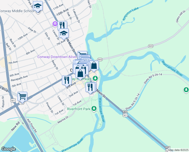 map of restaurants, bars, coffee shops, grocery stores, and more near 219 Kingston Street in Conway