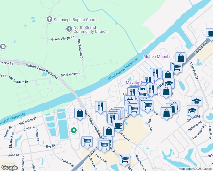 map of restaurants, bars, coffee shops, grocery stores, and more near 214F Landing Road in North Myrtle Beach