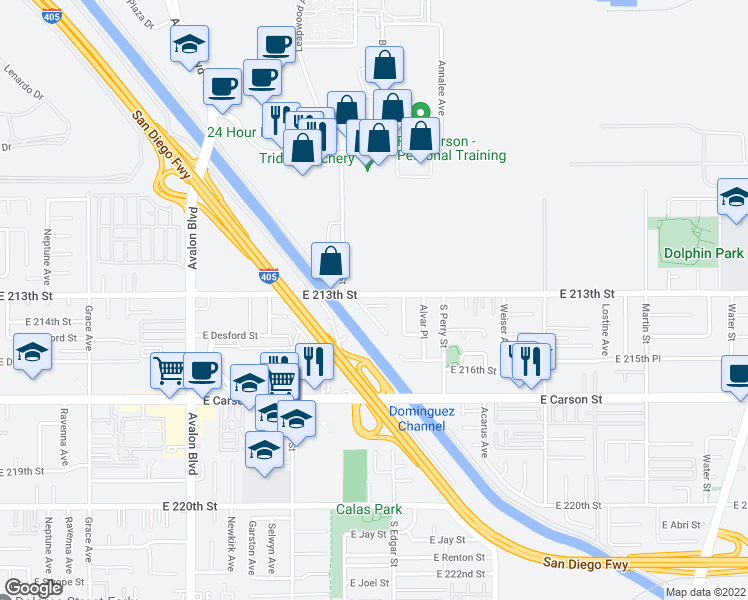 map of restaurants, bars, coffee shops, grocery stores, and more near 1029 East Silvan Place in Carson