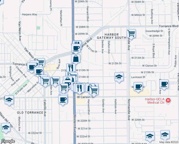 map of restaurants, bars, coffee shops, grocery stores, and more near 1572 West 213th Street in Torrance