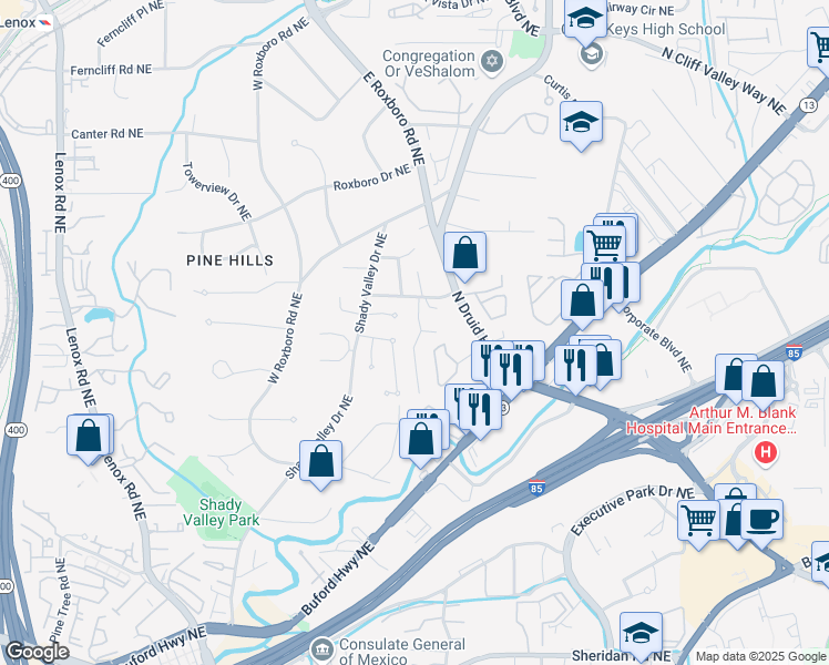 map of restaurants, bars, coffee shops, grocery stores, and more near 1820 Buckhead Valley Lane Northeast in Atlanta