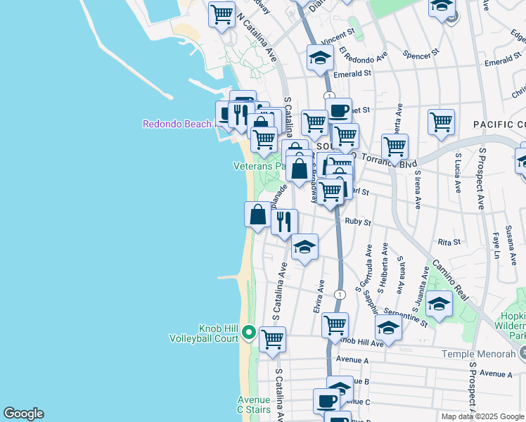 map of restaurants, bars, coffee shops, grocery stores, and more near 428 Esplanade in Redondo Beach