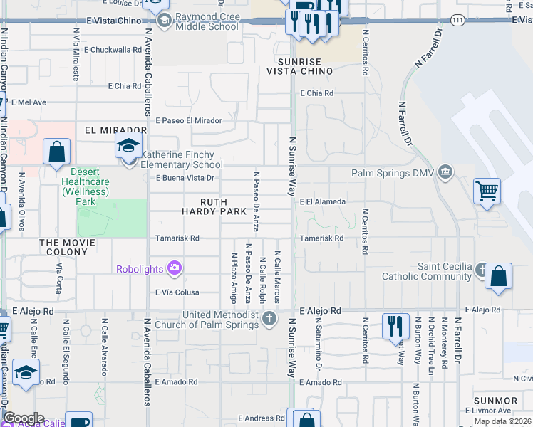 map of restaurants, bars, coffee shops, grocery stores, and more near 1380 East El Alameda in Palm Springs
