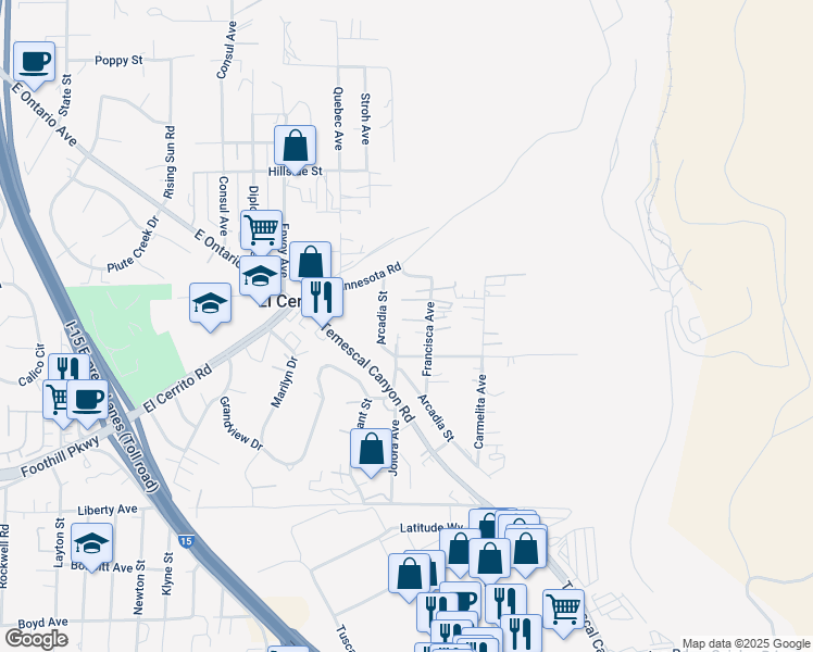 map of restaurants, bars, coffee shops, grocery stores, and more near 8008 Santa Rita Street in Corona