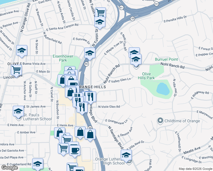 map of restaurants, bars, coffee shops, grocery stores, and more near 2124 East Valley Glen Lane in Orange